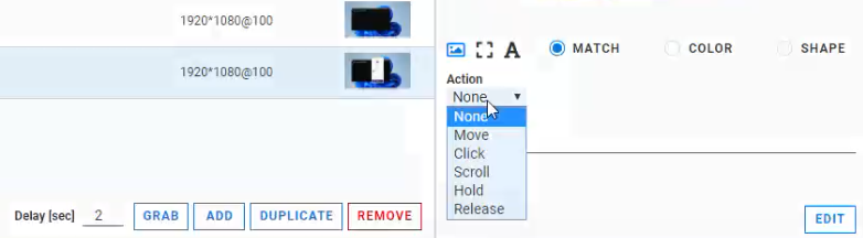 Example action panel